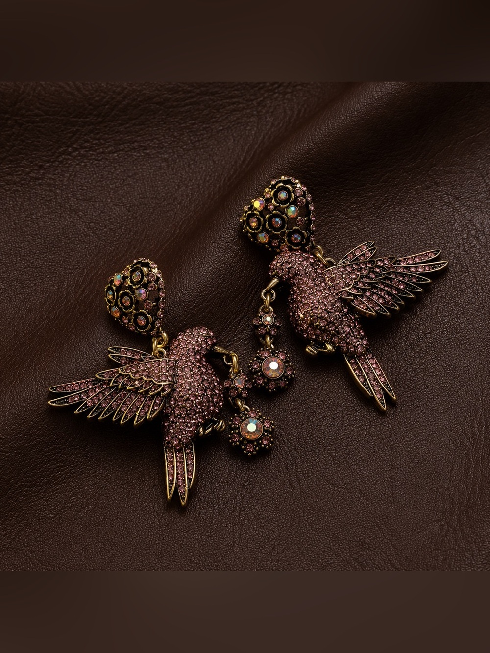 Museum Bird Heart Earrings Flower VTG Antique Revival Palace Court Boho Stud